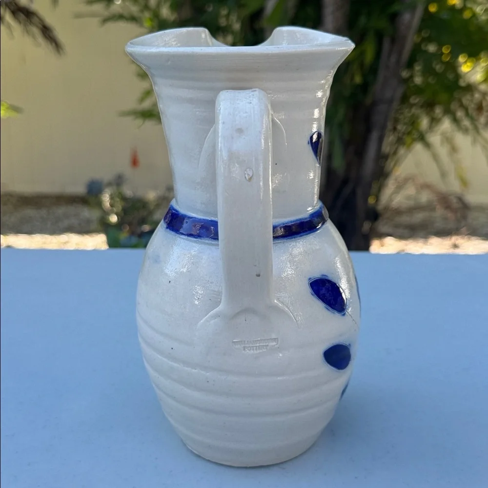 Williamsburg Pottery White Ceramic Pitcher with Blue Floral Leaf Accents, Signed - Picture 4 of 5